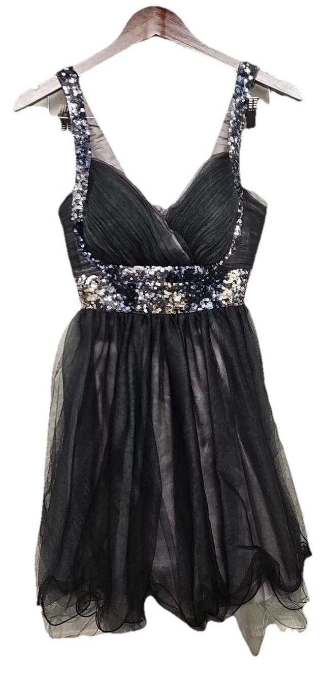 Y2K Couture Black Sequin Empire Waist Chiffon Party Prom Dress Sz 4 USA